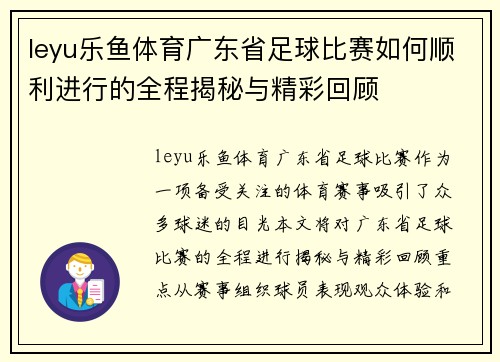leyu乐鱼体育广东省足球比赛如何顺利进行的全程揭秘与精彩回顾