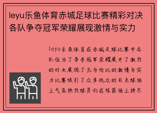 leyu乐鱼体育赤城足球比赛精彩对决各队争夺冠军荣耀展现激情与实力